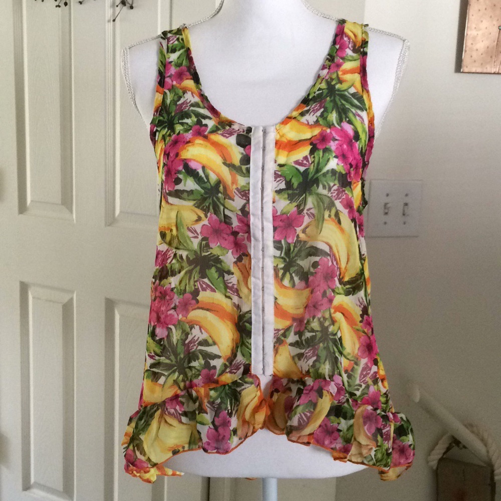 Material Girl Sheer Floral Tropical Print Blouse